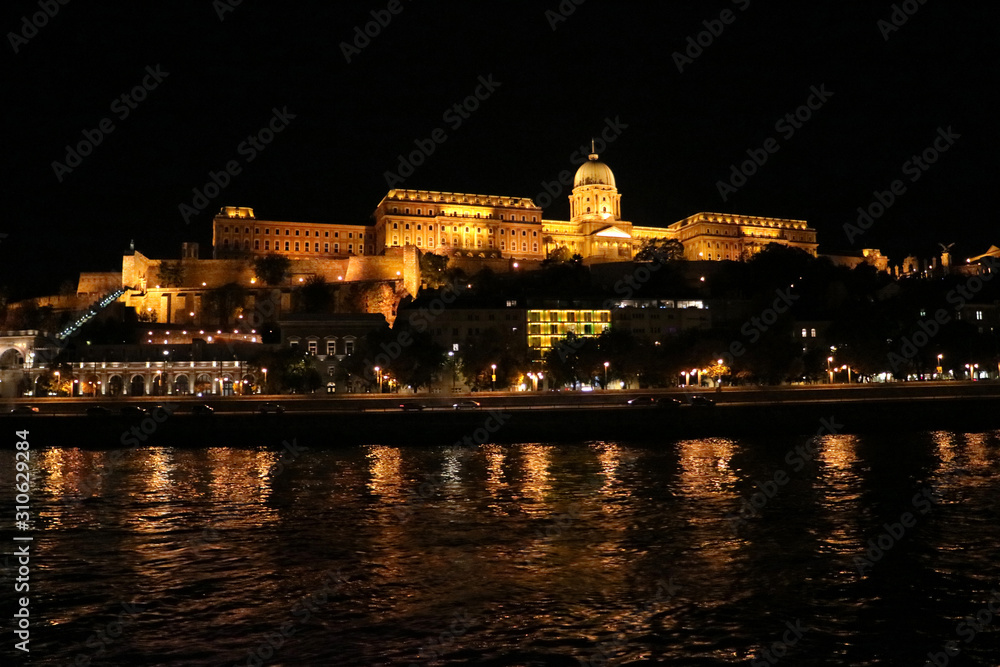 ブダペスト　ドナウ川遊覧船から見た夜のブダ王宮