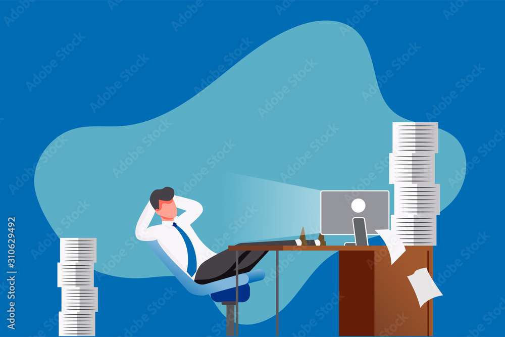 vector illustration of cartoon character lazy office man at work, delaying  work. A lot of work to do. Stock Vector | Adobe Stock