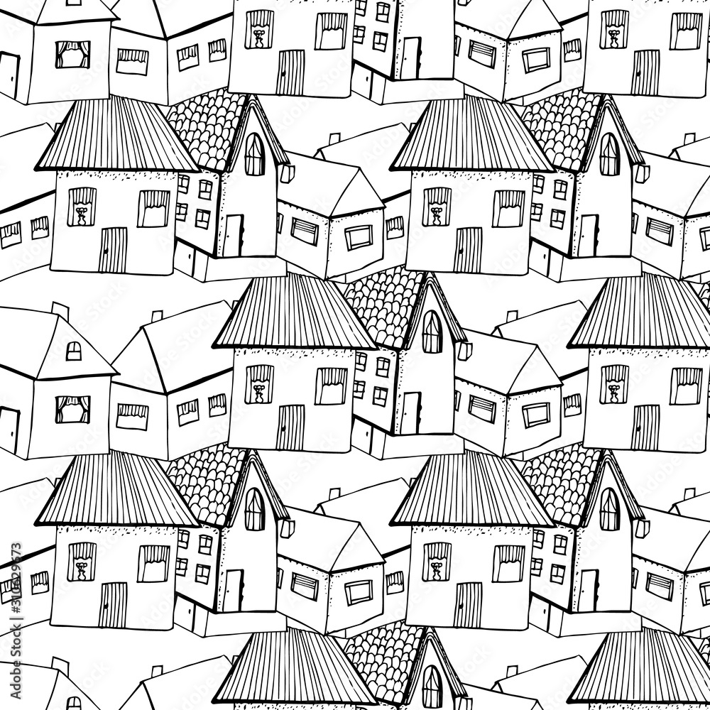 Pattern hand draw houses white black color
