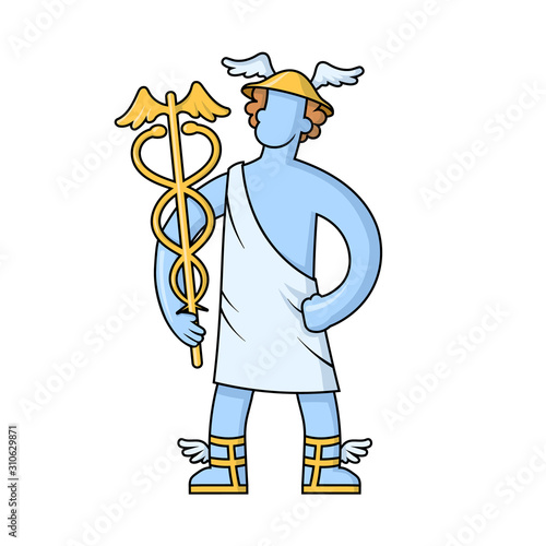 Hermes, ancient Greek god of Roadways, Travelers, Merchants and Thieves, messenger of the gods. Ancient Greece mythology. Flat vector illustration. Isolated on white background.