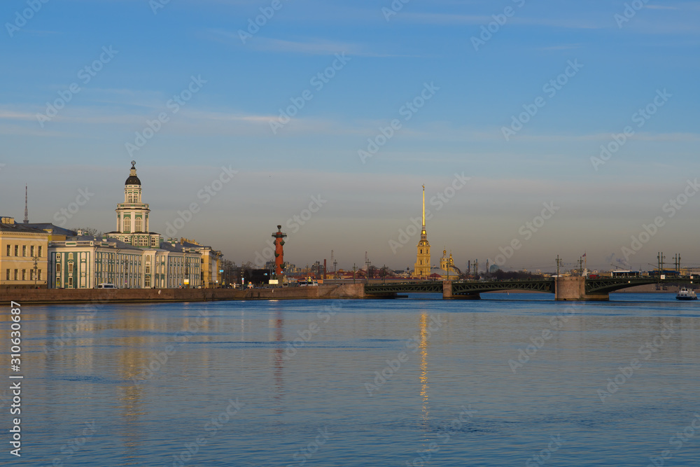 St. Petersburg, view of Vasilievsky island and Peter and Paul fortress near the river Neva.  A popular tourist destination in Russia for Traveling around Russia.