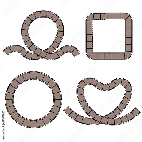 Border from film strips on white background for design. Vintage cinema and photo tape frames. Retro film strips. Vector illustration