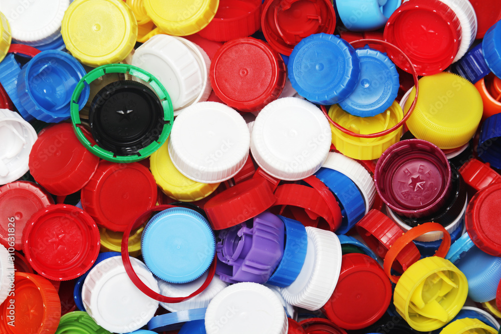 Plastic bottle caps collected for recycling Plastic bottle caps collected for recycling
