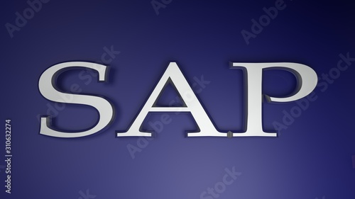SAP satin chrome write on blue background - 3D rendering illustration