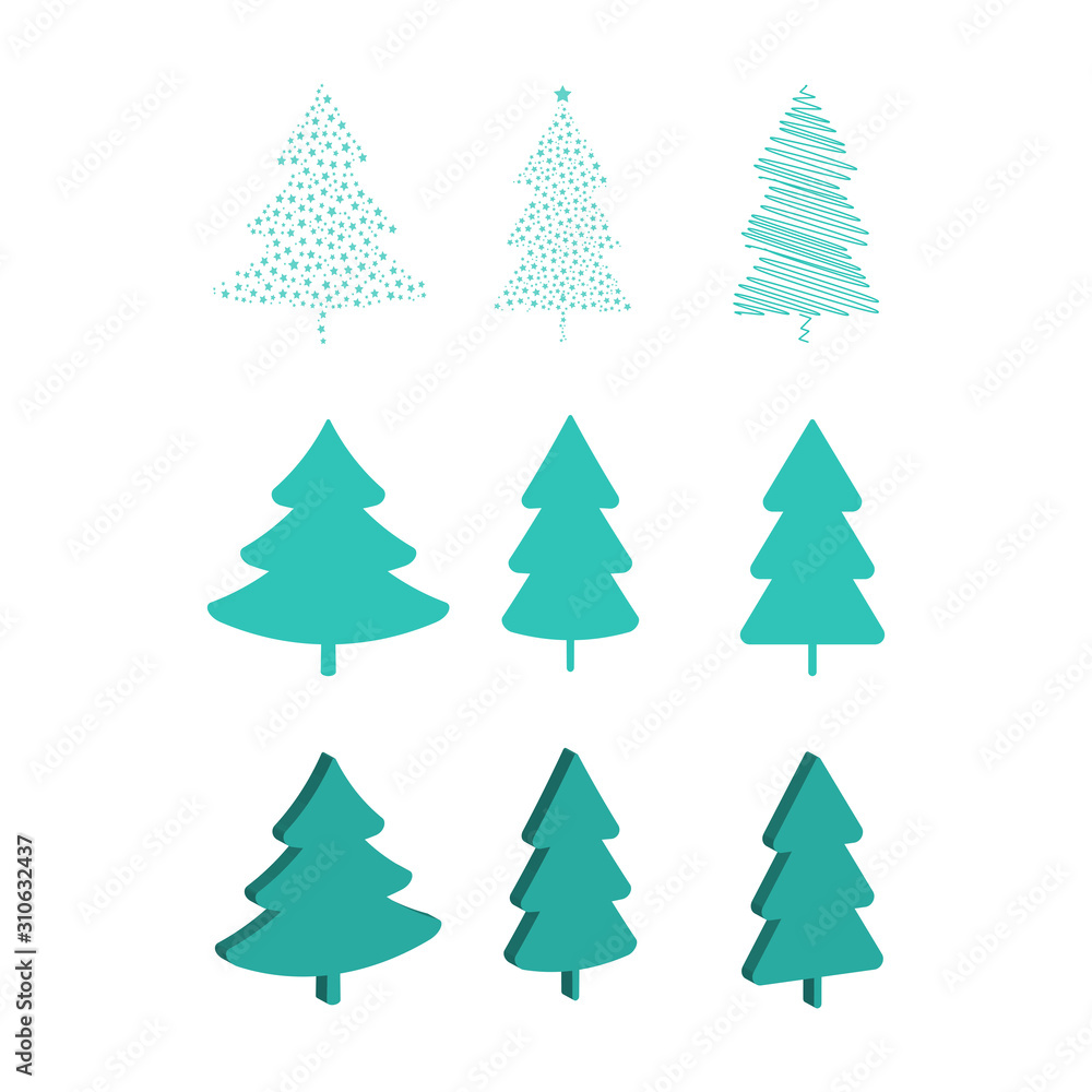 Set of Christmas tree icons.Flat,3d,scribbled pine tree icons.