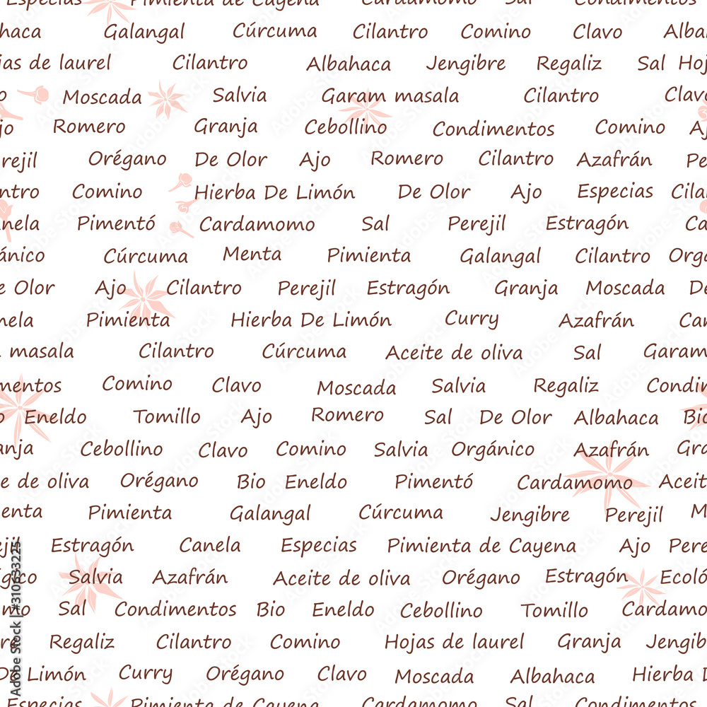Text abstract food pattern with names of kitchen herbs in spanish