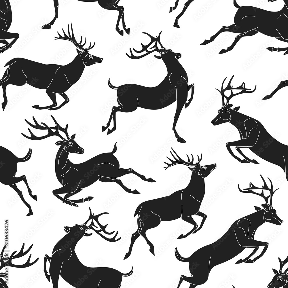 Obraz premium Running black deer with a white outline. Seamless pattern with horned deers in antique style.