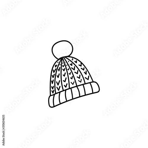 Beanie hat in doodle style.Hand drawn cold winter Christmas holidays hat.Pom pom hat icon.
