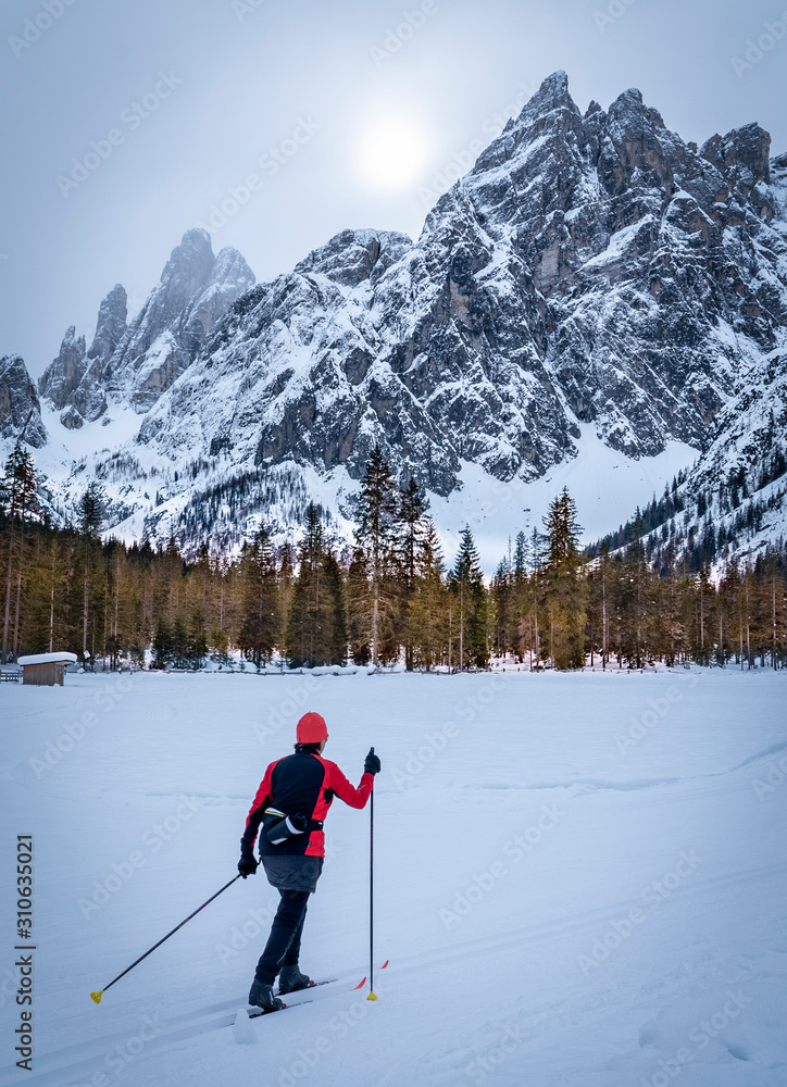 active senior woman on her cross country skis on ski track in the Fischlein Valley, Three peak Dolomites, South Tyrol, Italy