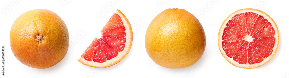 Fresh whole, half and sliced grapefruit - obrazy, fototapety, plakaty 