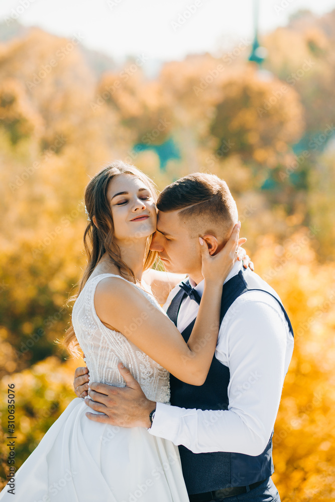 Portrait of incredible newlyweds standing on a hill against the background of autumn forest. Portrait of incredible newlyweds standing on a hill against the background of autumn forest.