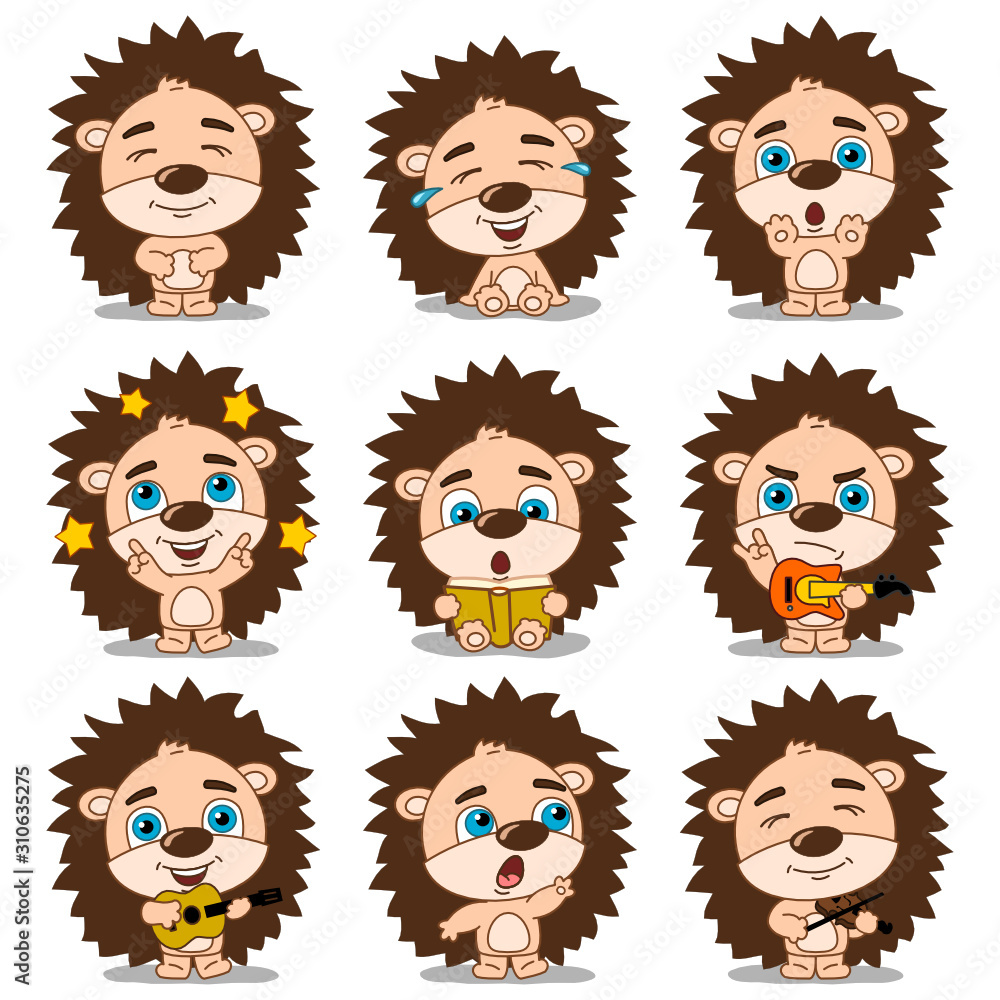 Collection of funny hedgehog in cartoon style in different poses and with musical instruments isolated on white background Collection of funny hedgehog in cartoon style in different poses and with musical instruments isolated on white background