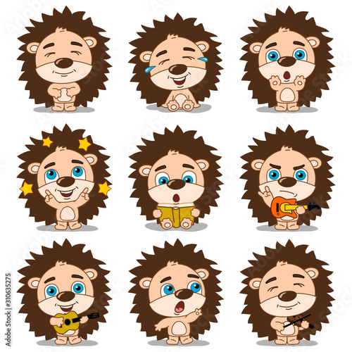 Collection of funny hedgehog in cartoon style in different poses and with musical instruments isolated on white background