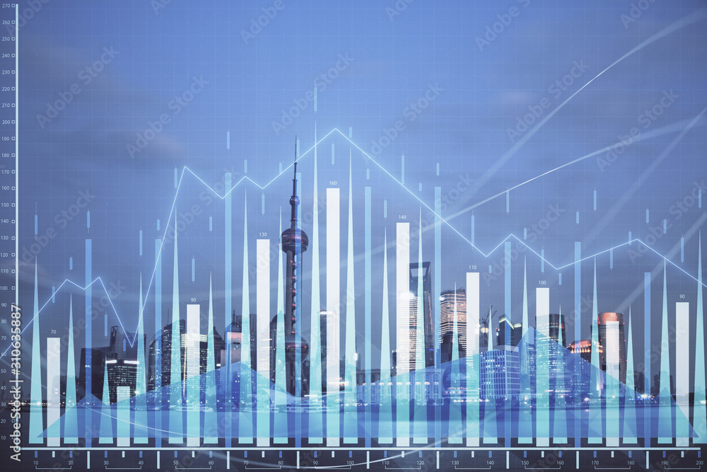 Forex chart on cityscape with tall buildings background multi exposure. Financial research concept. Forex chart on cityscape with tall buildings background multi exposure. Financial research concept.
