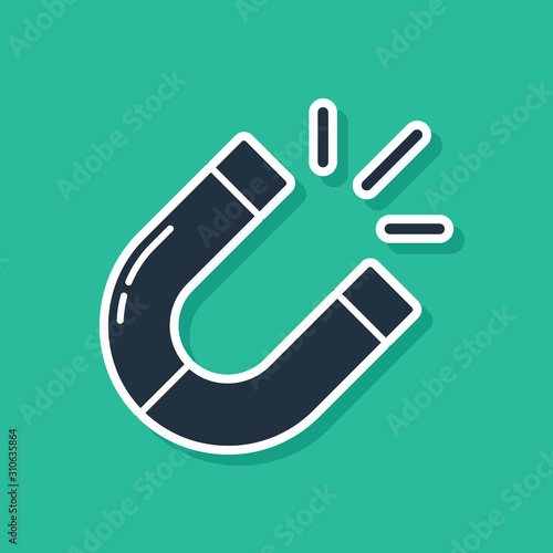 Blue Magnet icon isolated on green background. Horseshoe magnet, magnetism, magnetize, attraction. Vector Illustration