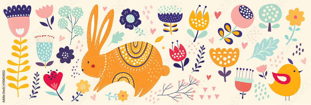 Obraz Duża wiosenna wielkanocna kolekcja kwiatów, liści, ptaków, króliczka i symboli wiosny
