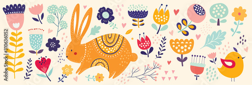 Big spring Easter collection of flowers, leaves, birds, bunny and spring symbols 