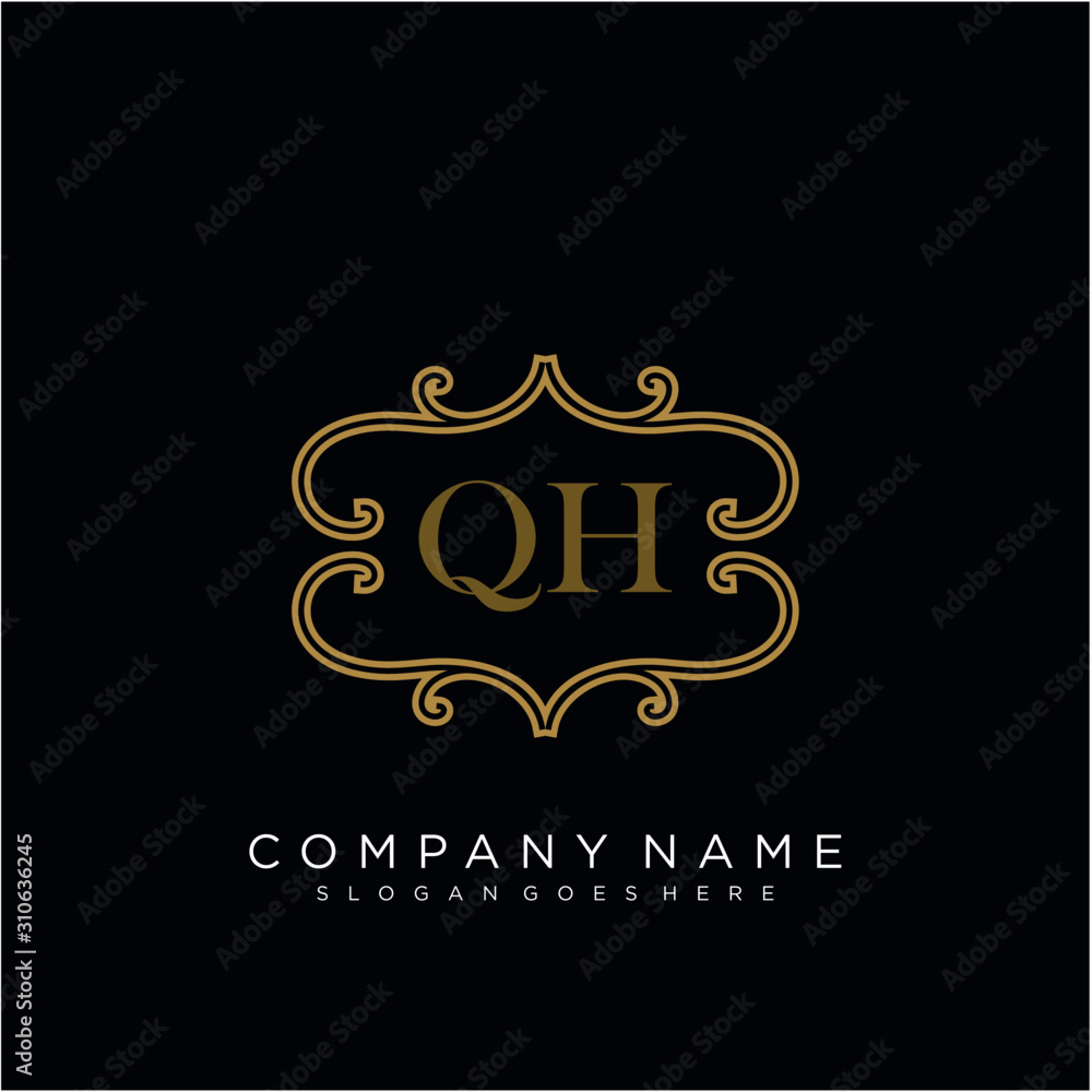 QH Initial logo. Ornament ampersand monogram golden logo QH Initial logo. Ornament ampersand monogram golden logo