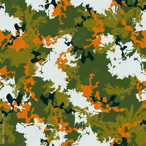 Forest camouflage of various shades of green  orange  blue and grey colors