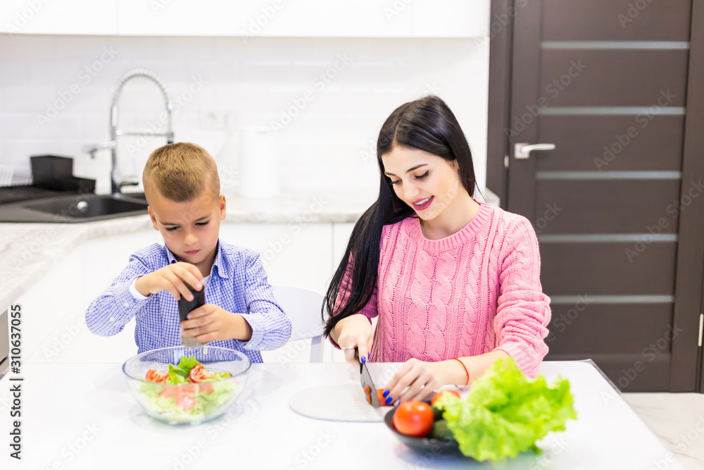 Small boy cutting in slices vegetables for salad with his mother in the kitchen. Family cooking background Small boy cutting in slices vegetables for salad with his mother in the kitchen. Family cooking background