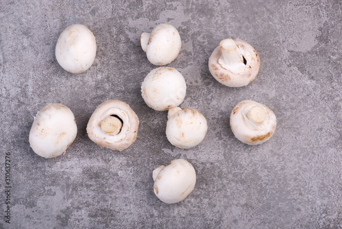White champignons on a grey structured background