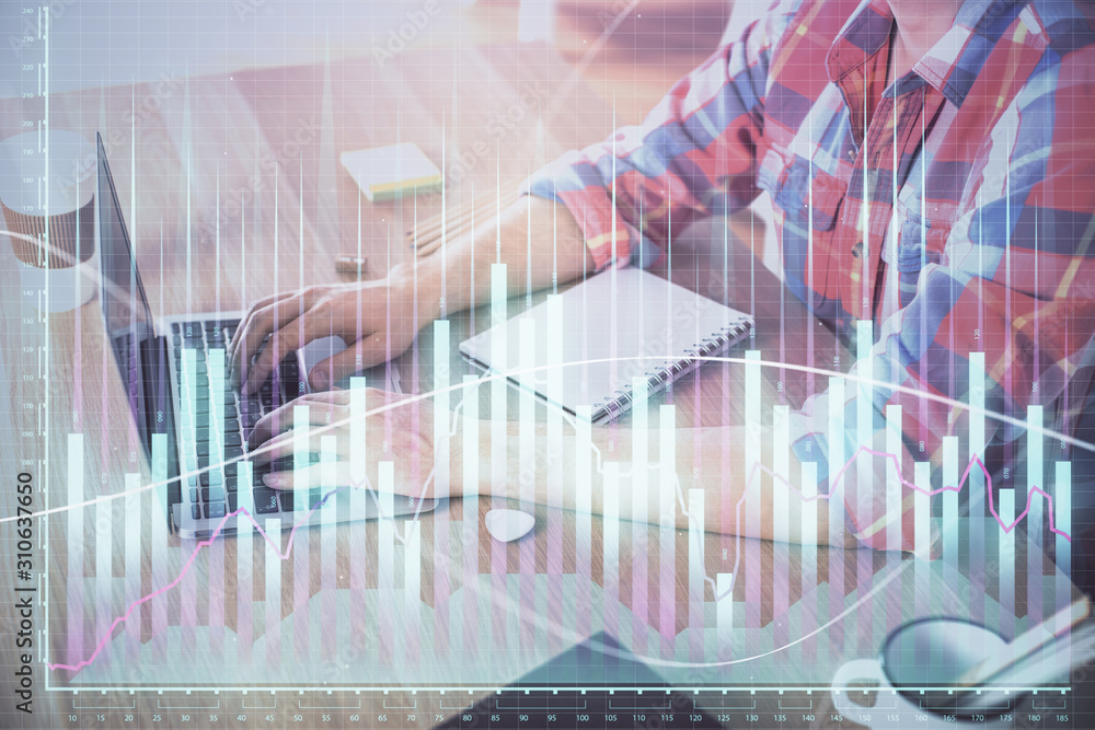 Multi exposure of forex graph with man working on computer on background. Concept of market analysis. Multi exposure of forex graph with man working on computer on background. Concept of market analysis.