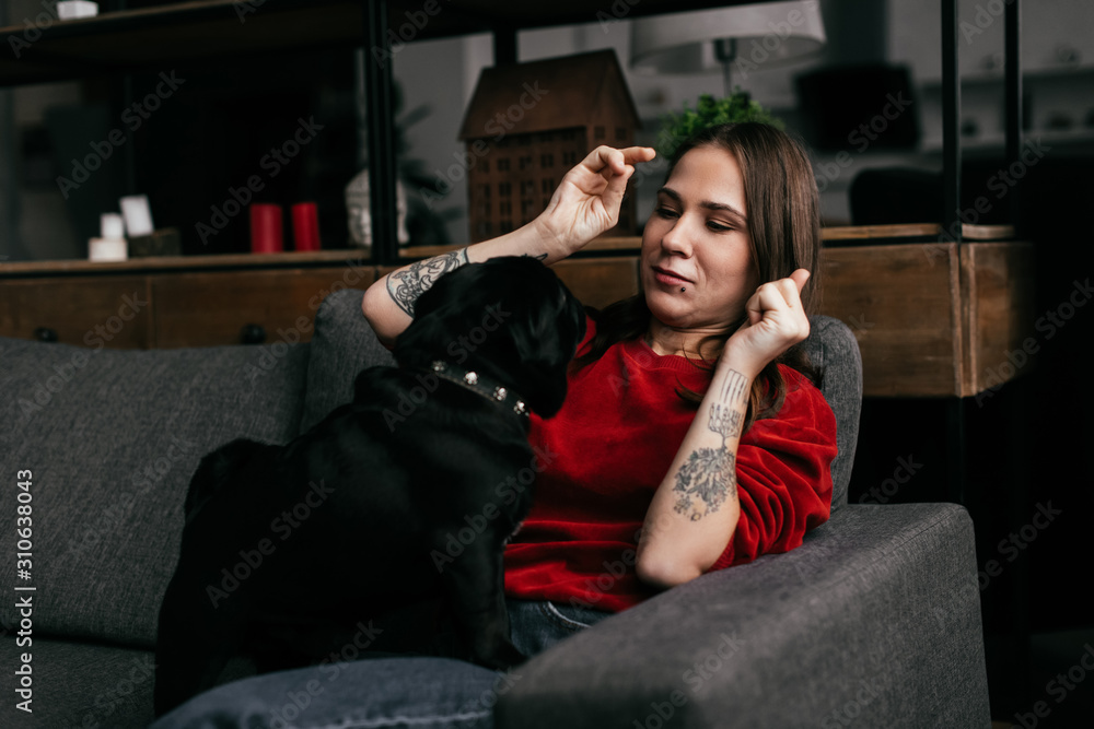 Young woman playing with pug dog on sofa at home Young woman playing with pug dog on sofa at home