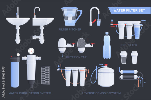 Flat Water Filter Icon Set