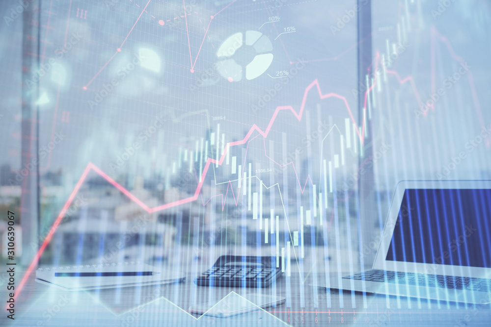 Forex graph hologram on table with computer background. Multi exposure. Concept of financial markets.