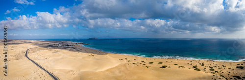 Fuerteventura  Corralejo sand dunes nature park. Beautiful Aerial Shot. Canary Islands  Spain