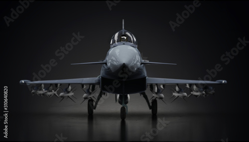 Eurofighter typhoon airplane fighter jet fully loaded  in dark background front view 3d render photo