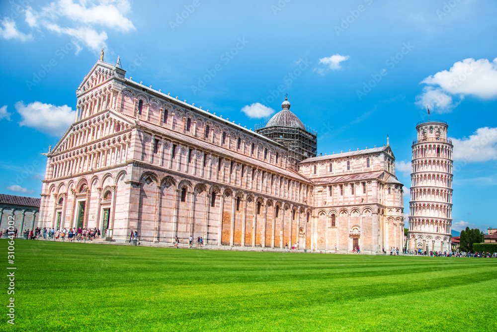 Picturesque landscape with church and famous sloping tower in Pisa, Italy. fascinating exotic amazing places.