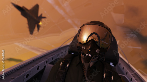 Jet fighter pilot  wearing oxygen mask flying together for mission in cockpit view 3d render