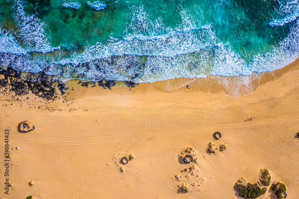 Fuerteventura. Vulcano Beach. Waves. Top View of a drone at the Bay. Spain