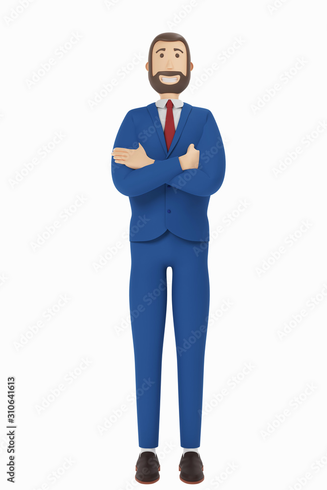 Young businessman with a beard. Cartoon character, businessman in suit with arms crossed. 3d rendering Young businessman with a beard. Cartoon character, businessman in suit with arms crossed. 3d rendering