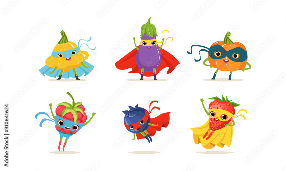 Vegetable and Berry Superheros Rushing to the Rescue Vector Set