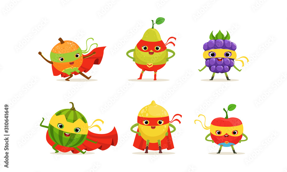Fruit and Berry Superheros Rushing to the Rescue Vector Set Fruit and Berry Superheros Rushing to the Rescue Vector Set
