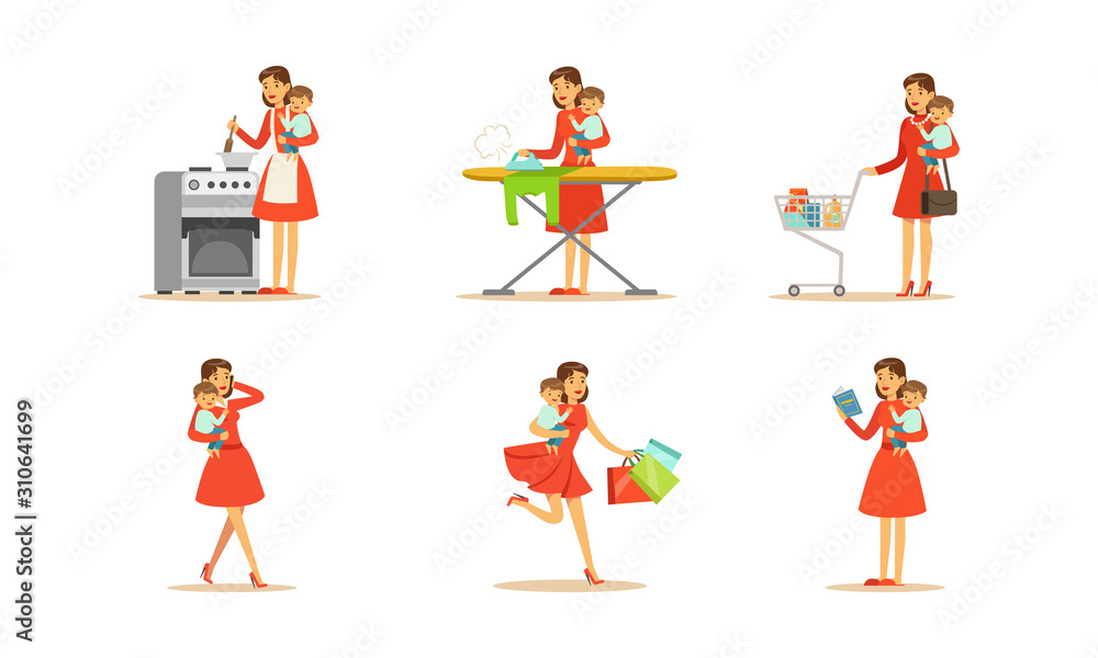 Housewife Engaging in Different Domestic Works Vector Illustrations Set.