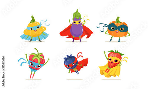 Vegetable and Berry Superheros Rushing to the Rescue Vector Set © topvectors
