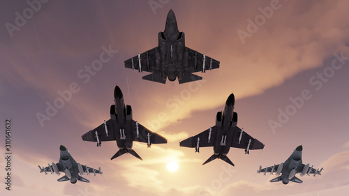 Different types of american jet fighters flying above camera 3d render