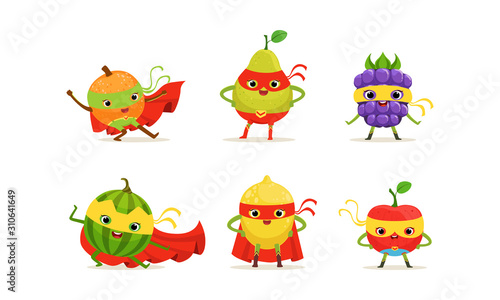 Fruit and Berry Superheros Rushing to the Rescue Vector Set