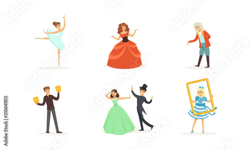 Performer Characters Playing Entertainment Performance on Theater Stage Vector Illustrations Set