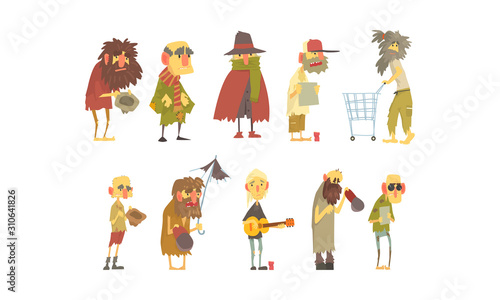 Homeless People Wearing Dirty Torn Clothes Begging for Help Vector Illustrations Set