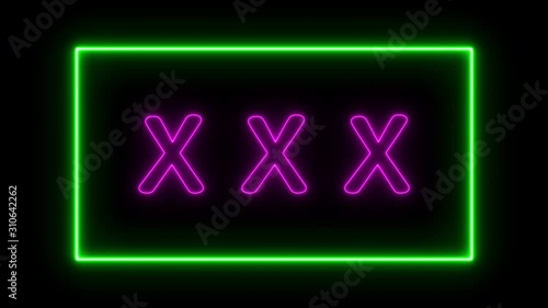 x x x neon sign fluorescent light glowing on banner background. Text adults by neon lights sign in dark night. The best stock of neon adults flickering, flash and blinking color black background