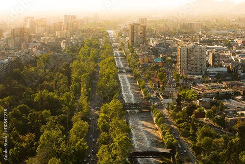 Mapocho River and Forestal Park at downtown with the neighborhoods of Patronato, Bellas Artes and Bellavista, Santiago, Chile