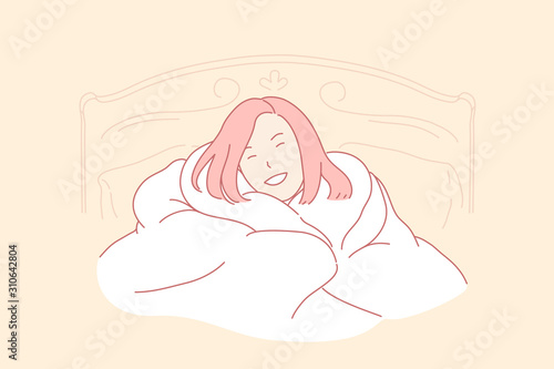 Good morning, home coziness, awaking woman concept