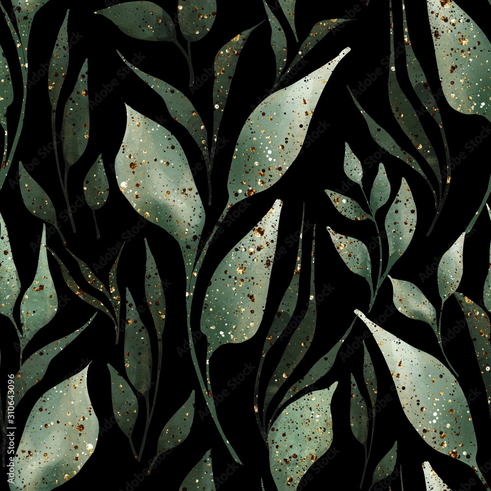 Fototapeta Green leaves and branches seamless pattern on black. Watercolor illustration