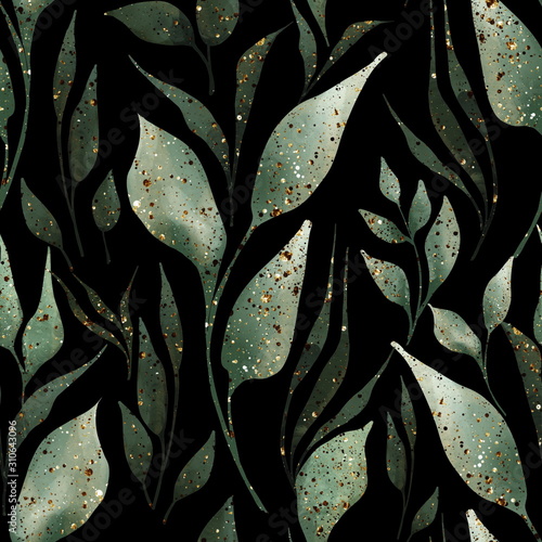 Green leaves and branches seamless pattern on black. Watercolor illustration