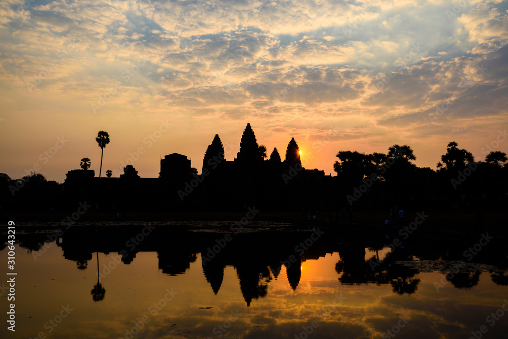 Beautiful 12th century Khmer Temple, Angkor Wat Silhouette During Sunrise, Siem Reap, Cambodia