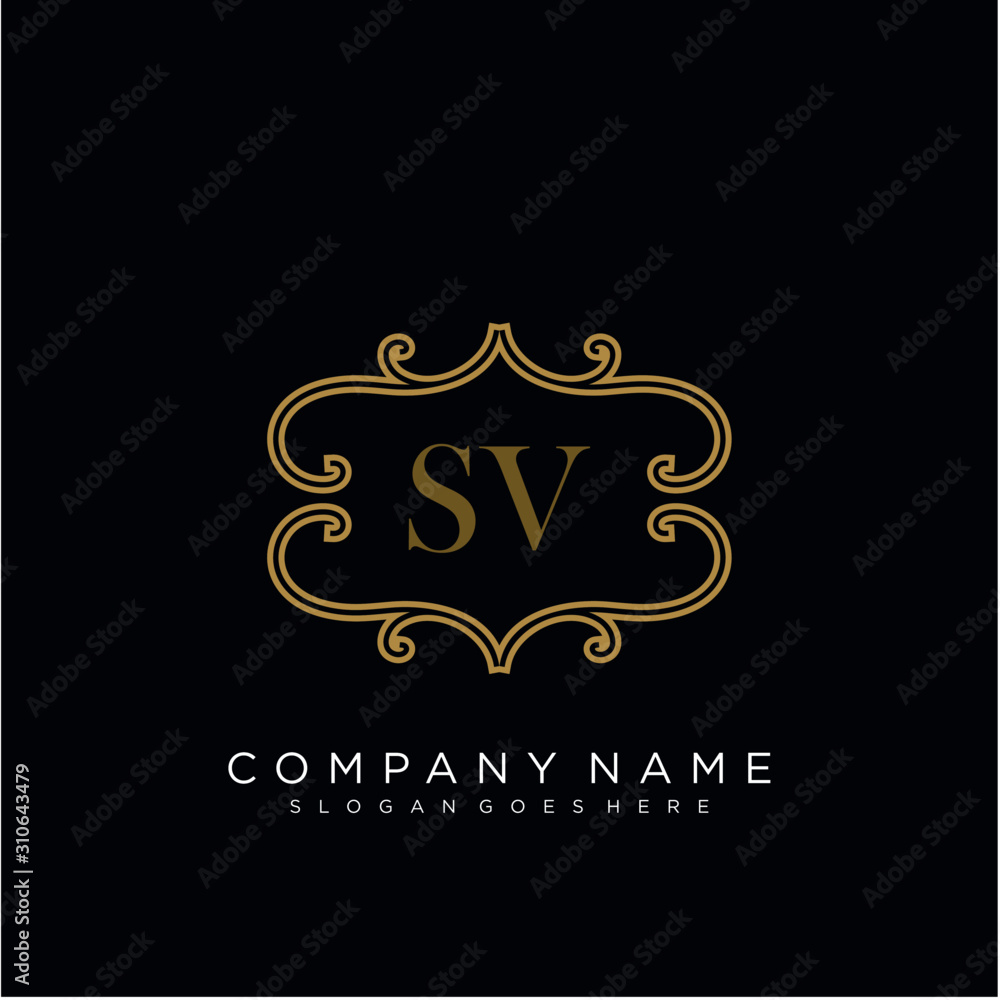 SV Initial logo. Ornament ampersand monogram golden logo